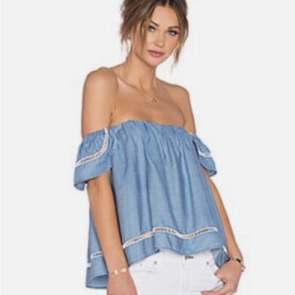 Lovers + Friends Life's A Beach Chambray Denim Crop Top Size L Off Shoulder - Picture 1 of 13